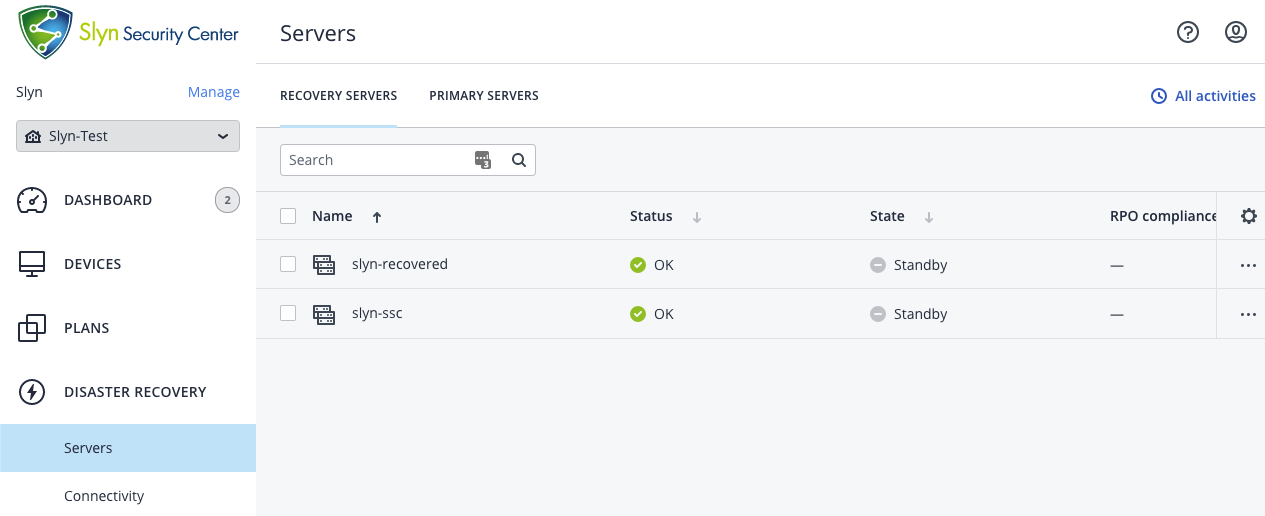 Protection console of Slyn Security Center, a Cyber Security software.