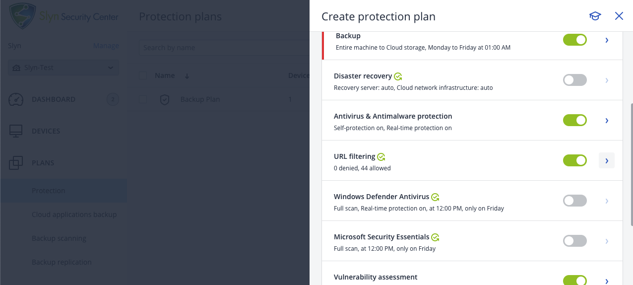 Protection console of Slyn Security Center, a Cyber Security software.