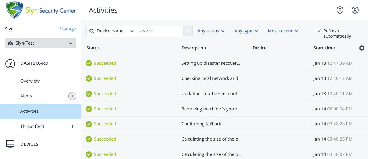 Protection console of Slyn Security Center, a Cyber Security software.